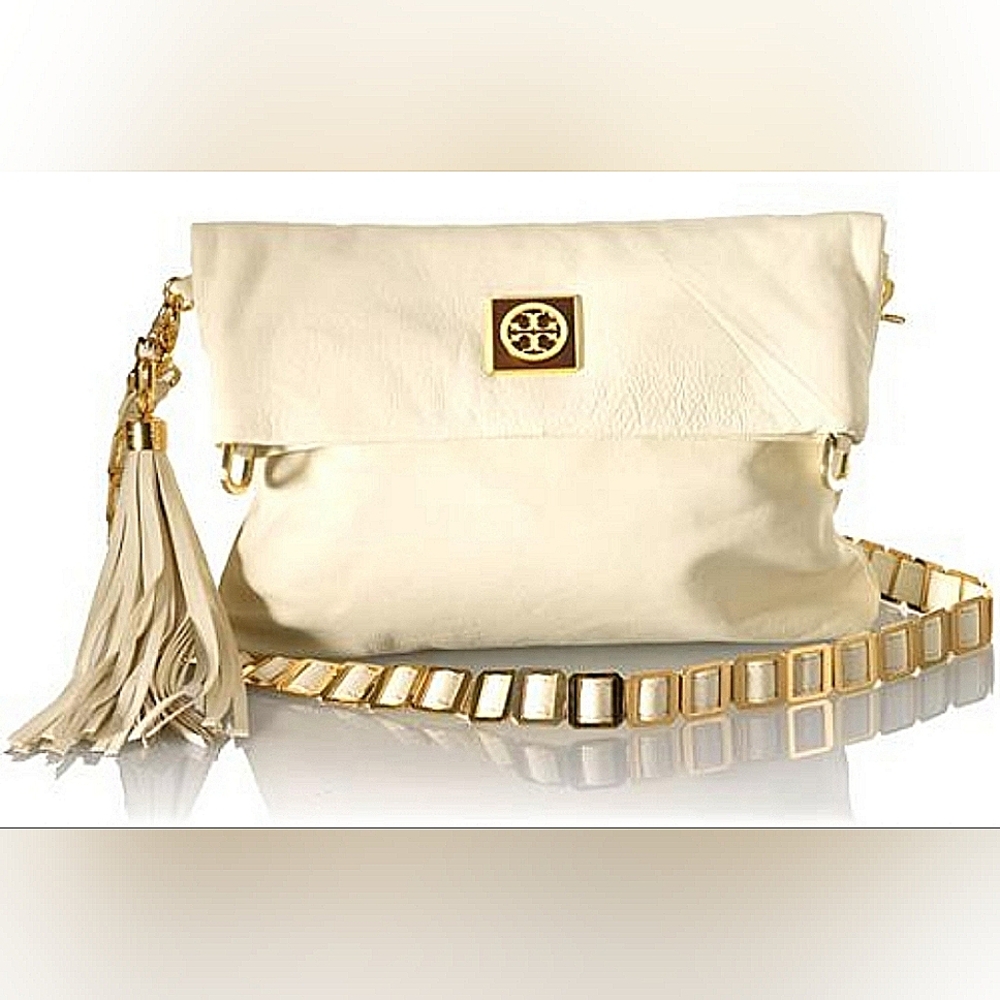 Tory Burch Louisa Messenger Foldover Leather Ivory Bag Purse Handbag